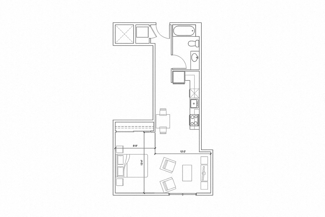 Floor plan for studio, 1 bath, 568 sqft